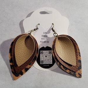 Leopard, Dark Brown, Light Brown 3-Layered Faux Leather Earrings 2.5"